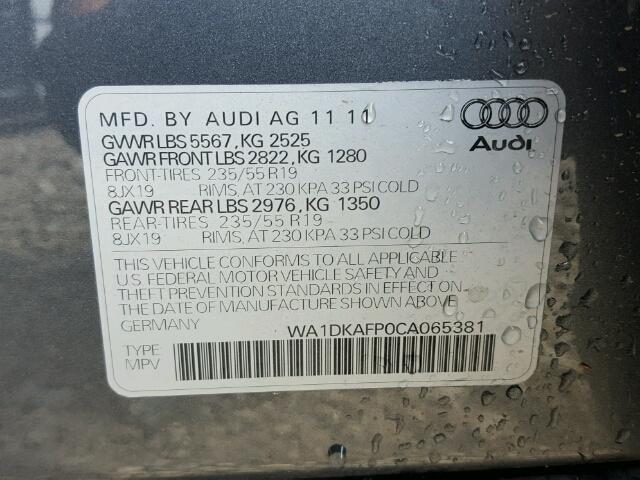 WA1DKAFP0CA065381 - 2012 AUDI Q5 PREMIUM GRAY photo 10