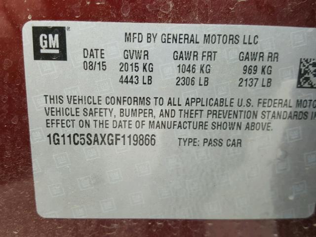 1G11C5SAXGF119866 - 2016 CHEVROLET MALIBU LIM 红色 照片 10