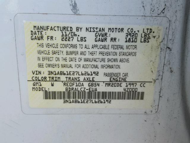 3N1AB61E27L626192 - 2007 NISSAN SENTRA 2.0 WHITE photo 10