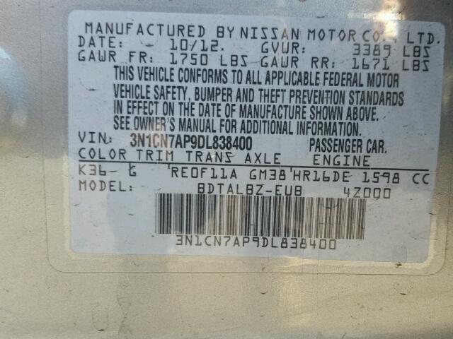 3N1CN7AP9DL838400 - 2013 NISSAN VERSA S 银色 照片 10