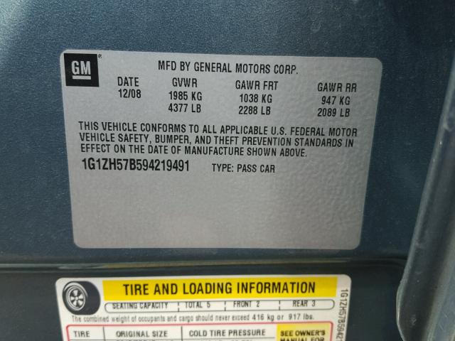 1G1ZH57B594219491 - 2009 CHEVROLET MALIBU 1LT 绿色 照片 10