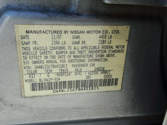 1N4BL21E78N451825 - 2008 NISSAN ALTIMA SILVER photo 10