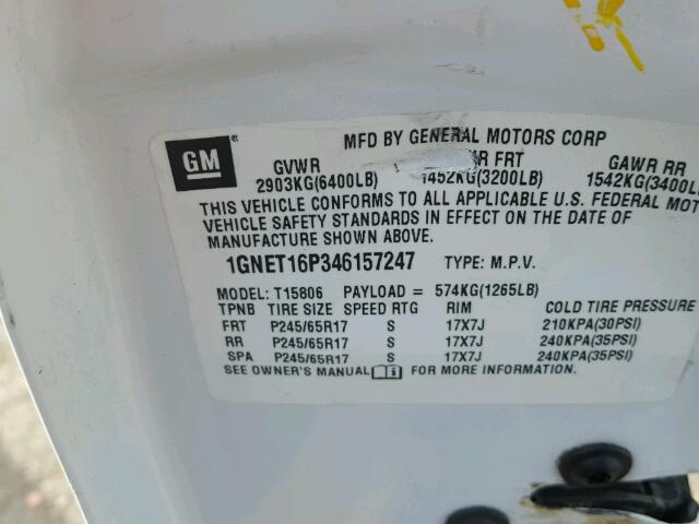 1GNET13H472281536 - 2007 CHEVROLET TRAILBLAZE WHITE photo 10