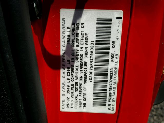 YS3DF75K437003331 - 2003 SAAB 9-3 SE RED photo 10