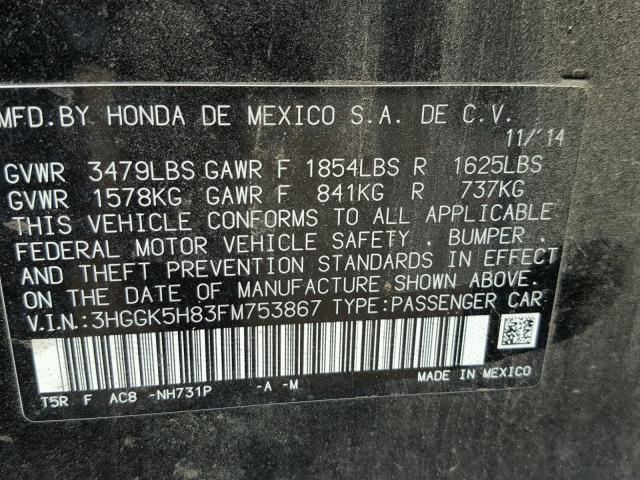 3HGGK5H83FM753867 - 2015 HONDA FIT EX BLACK photo 10