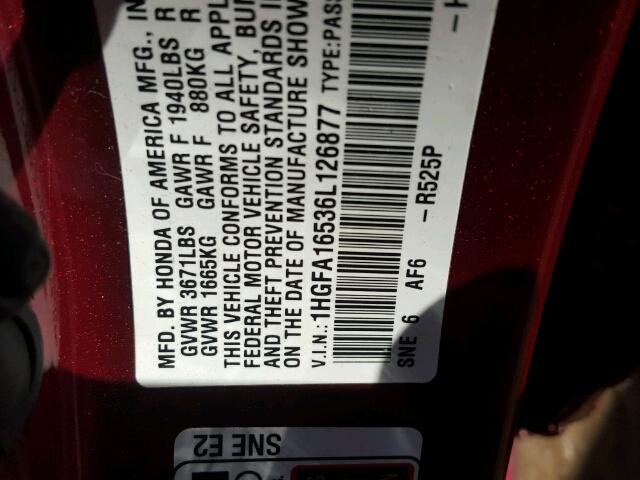 1HGFA16536L126877 - 2006 HONDA CIVIC BURGUNDY photo 10