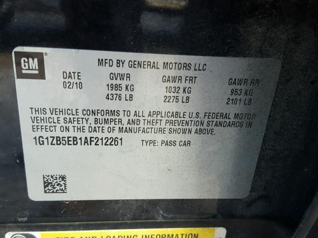 1G1ZB5EB1AF212261 - 2010 CHEVROLET MALIBU LS 黑色 照片 10