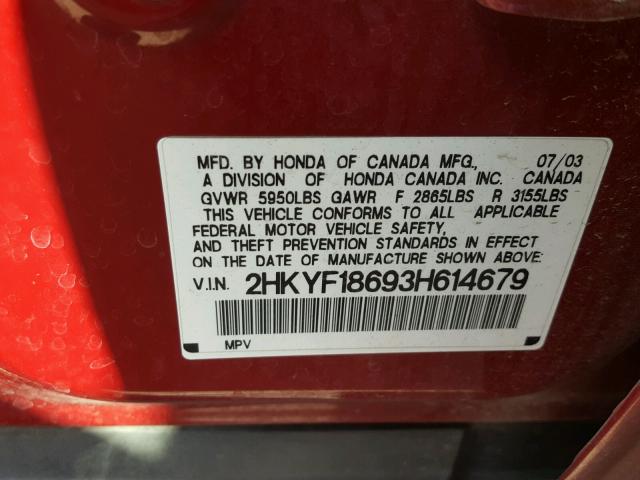 2HKYF18693H614679 - 2003 HONDA PILOT EXL RED photo 10