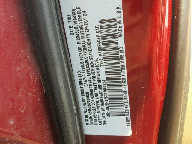 4S3BH675327607834 - 2002 SUBARU LEGACY RED photo 10