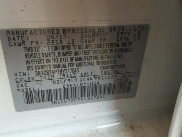 3N1CB7AP7HY317046 - 2017 NISSAN SENTRA SR WHITE photo 10