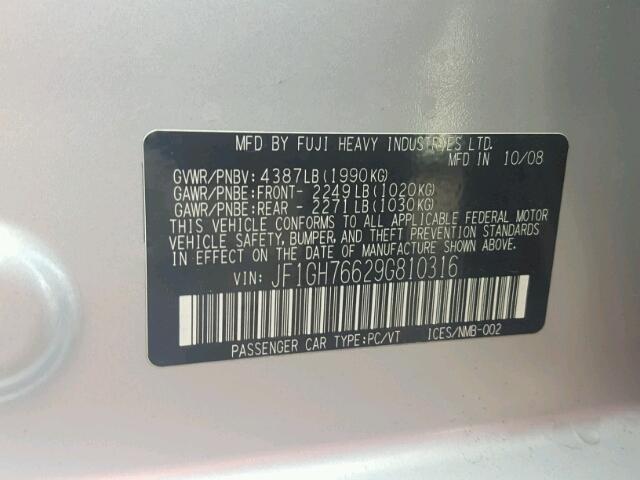 JF1GH76629G810316 - 2009 SUBARU IMPREZA WR SILVER photo 10