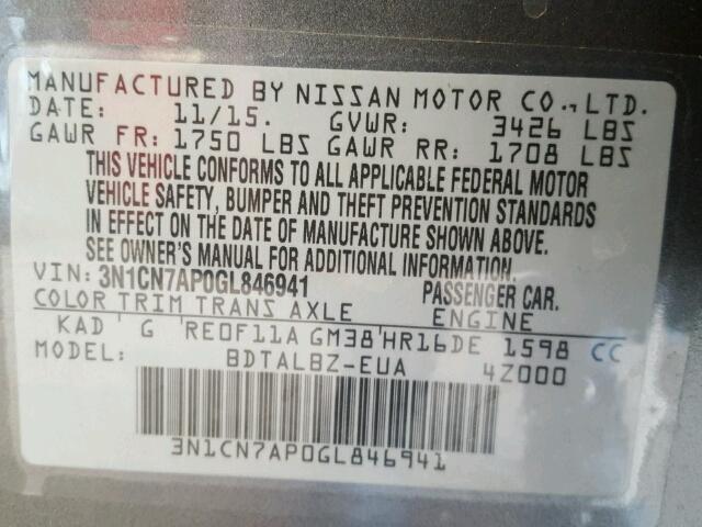 3N1CN7AP0GL846941 - 2016 NISSAN VERSA GRAY photo 10