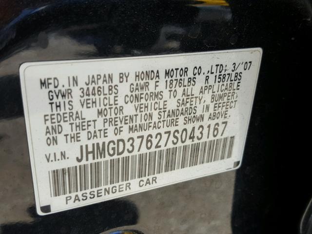 JHMGD37627S043167 - 2007 HONDA FIT S BLACK photo 10