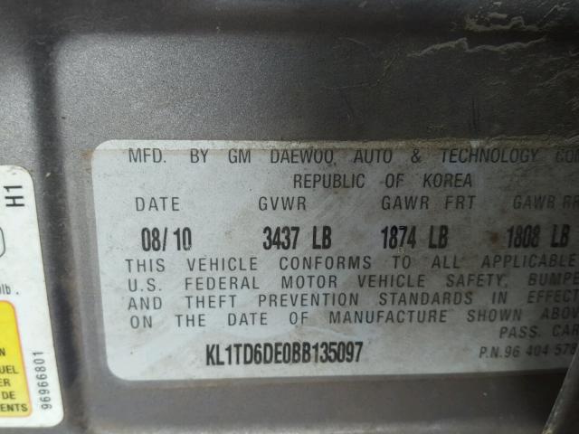 KL1TD6DE0BB135097 - 2011 CHEVROLET AVEO LS GRAY photo 10