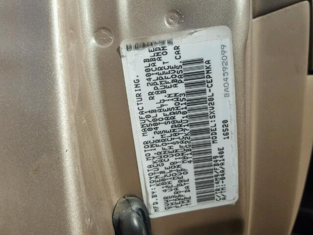 4T1BG22K71U101153 - 2001 TOYOTA CAMRY CE 金色 照片 10