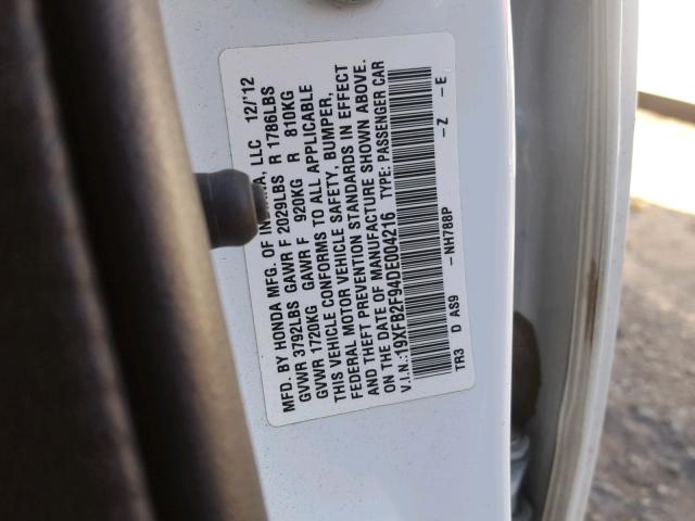 19XFB2F94DE004216 - 2013 HONDA CIVIC EXL WHITE photo 10