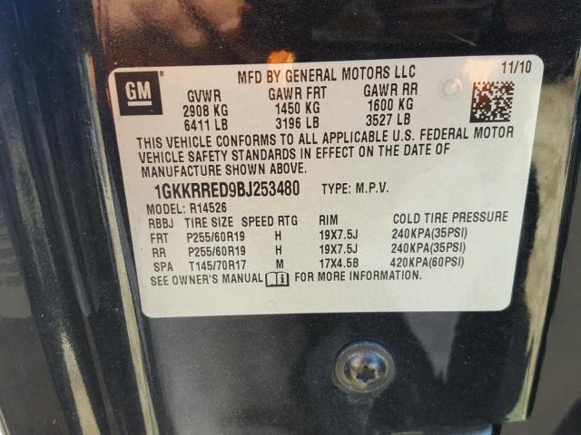 1GKKRRED9BJ253480 - 2011 GMC ACADIA SLT შავი ფოტო 10