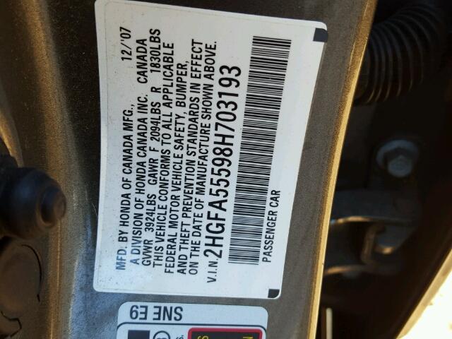 2HGFA55598H703193 - 2008 HONDA CIVIC SI GRAY photo 10