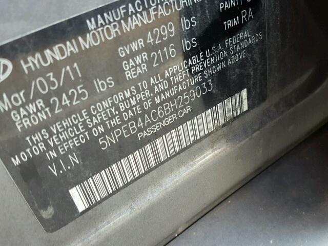 5NPEB4AC6BH259033 - 2011 HYUNDAI SONATA GLS GRAY photo 10