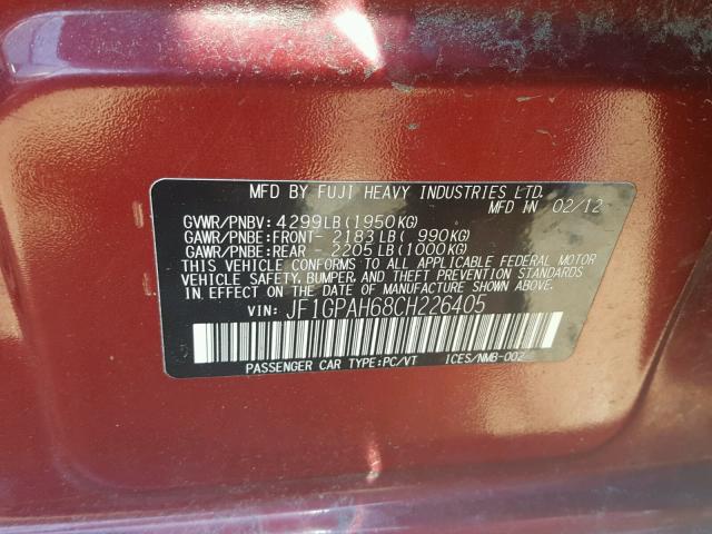 JF1GPAH68CH226405 - 2012 SUBARU IMPREZA LI RED photo 10