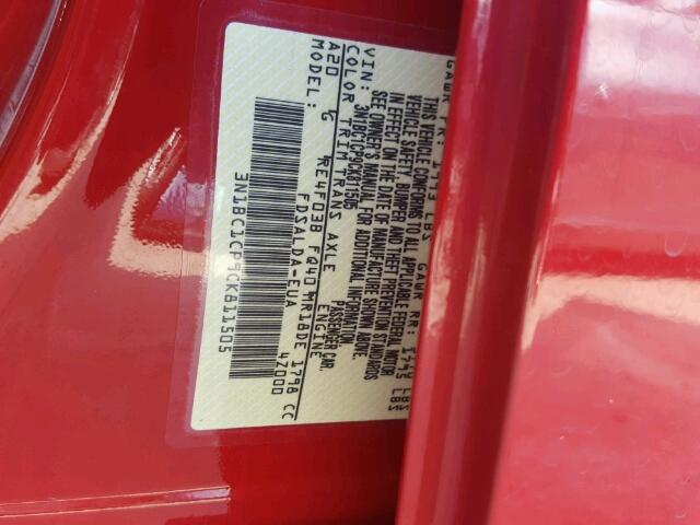 3N1BC1CP9CK811505 - 2012 NISSAN VERSA S RED photo 10