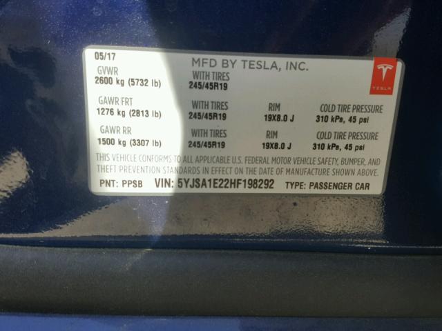 5YJSA1E22HF198292 - 2017 TESLA MODEL S BLUE photo 10