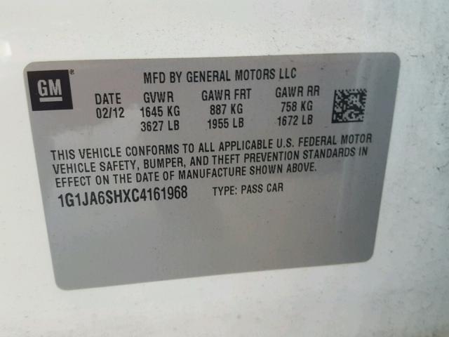 1G1JA6SHXC4161968 - 2012 CHEVROLET SONIC LS 白色 照片 10