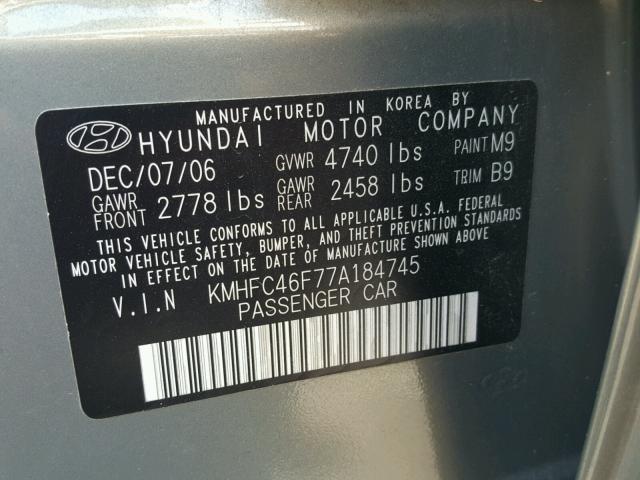 KMHFC46F77A184745 - 2007 HYUNDAI AZERA SE GRAY photo 10