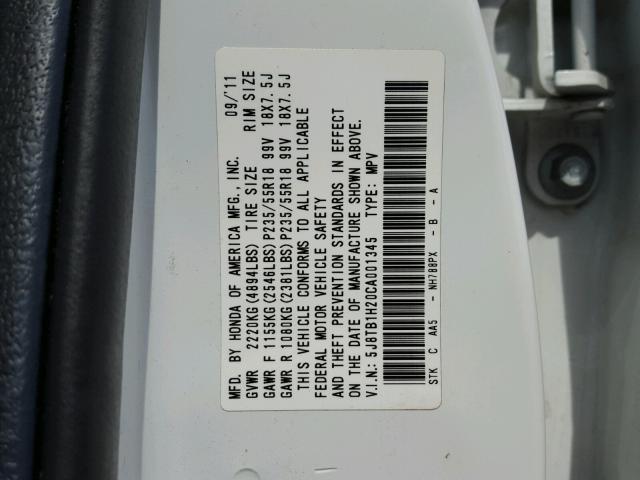 5J8TB1H20CA001345 - 2012 ACURA RDX WHITE photo 10