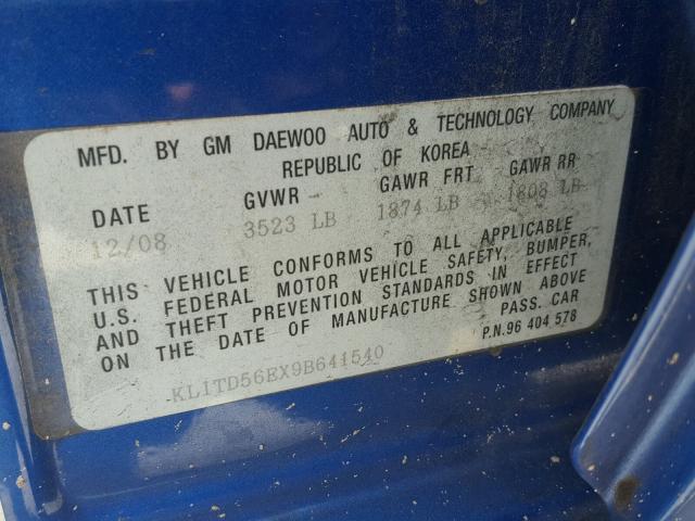 KL1TD56EX9B641540 - 2009 CHEVROLET AVEO LS BLUE photo 10