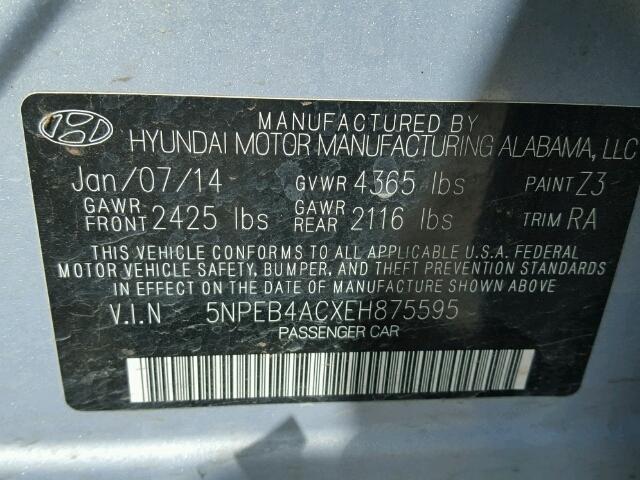 5NPEB4ACXEH875595 - 2014 HYUNDAI SONATA SILVER photo 10