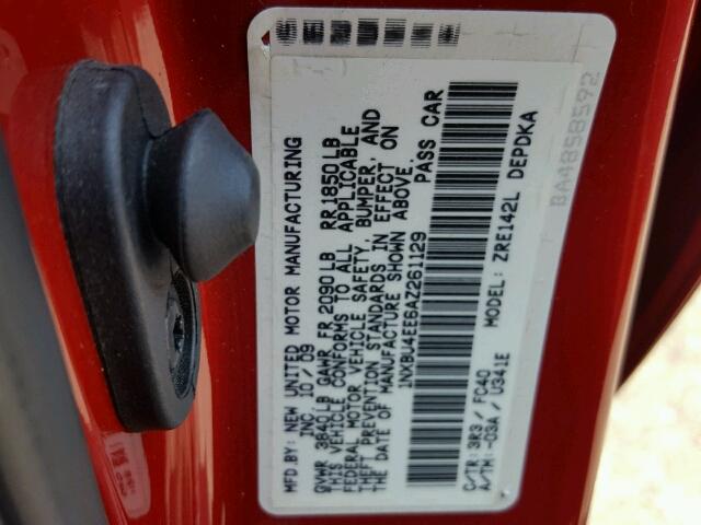 1NXBU4EE6AZ261129 - 2010 TOYOTA COROLLA BA RED photo 10