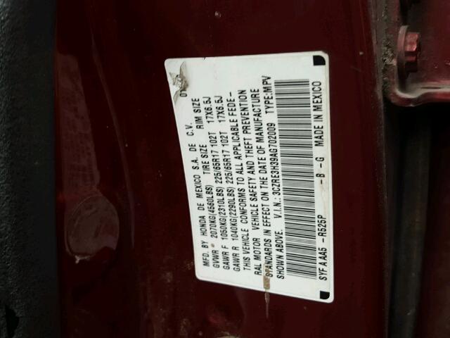 3CZRE3H39AG702009 - 2010 HONDA CR-V LX BURGUNDY photo 10