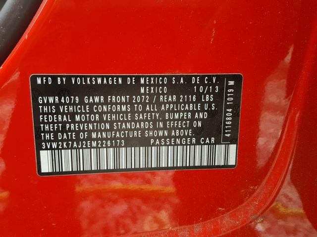 3VW2K7AJ2EM226173 - 2014 VOLKSWAGEN JETTA BASE 红色 照片 10