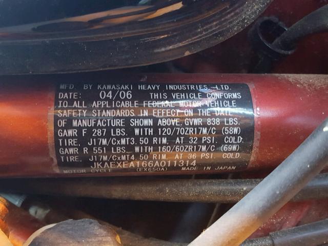 JKAEXEA166A011314 - 2006 KAWASAKI EX650 A6F BLACK photo 10