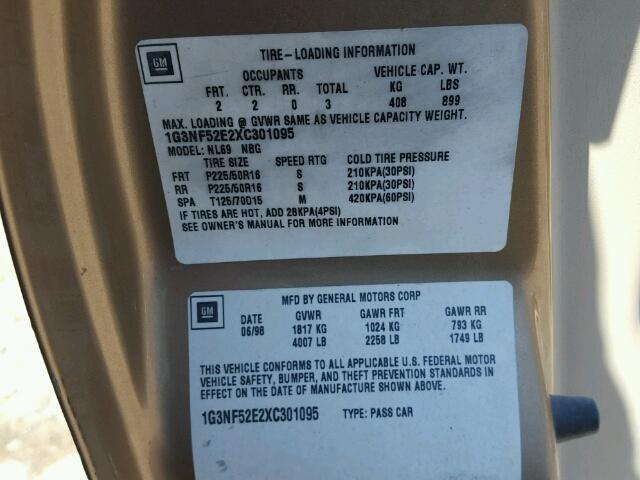 1G3NF52E2XC301095 - 1999 OLDSMOBILE ALERO GLS 金色 照片 10