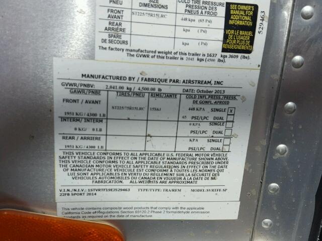 1STVRTF19EJ529463 - 2014 AIRS TRAILER Արծաթագույն լուսանկար 10