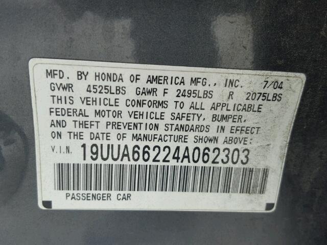 19UUA66224A062303 - 2004 ACURA TL CHARCOAL photo 10