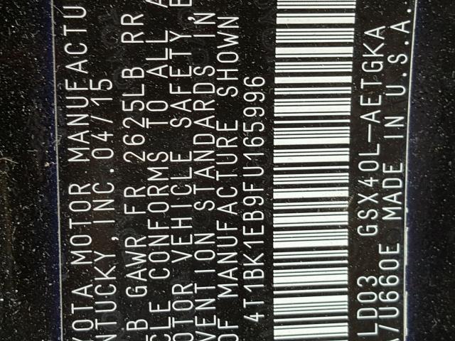 4T1BK1EB9FU165996 - 2015 TOYOTA AVALON XLE BLACK photo 10