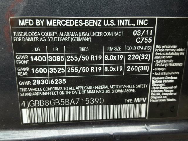 4JGBB8GB5BA715390 - 2011 MERCEDES-BENZ ML 350 4MA CHARCOAL photo 10