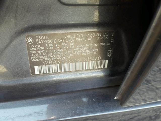 WBAVB33546PS13460 - 2006 BMW 330 I CHARCOAL photo 10