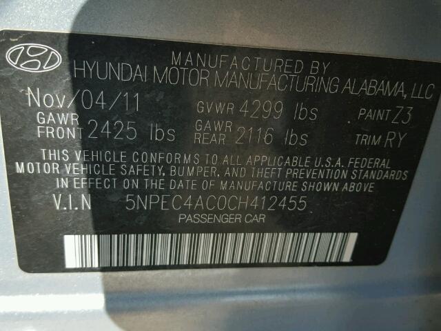 5NPEC4AC0CH412455 - 2012 HYUNDAI SONATA SILVER photo 10