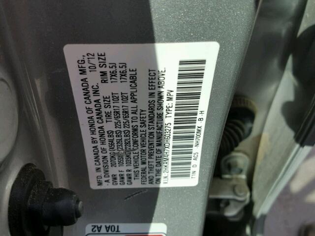 2HKRM4H7XDH603275 - 2013 HONDA CR-V EXL SILVER photo 10