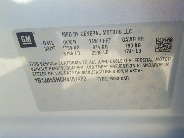 1G1JB5SH0H4151982 - 2017 CHEVROLET SONIC LS 银色 照片 10