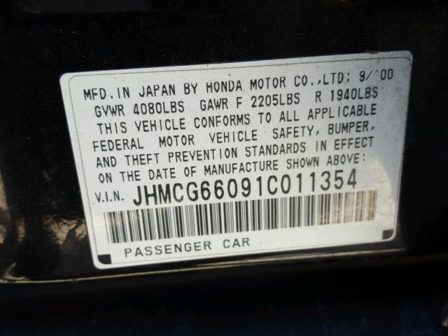 JHMCG66091C011354 - 2001 HONDA ACCORD EX BLACK photo 10