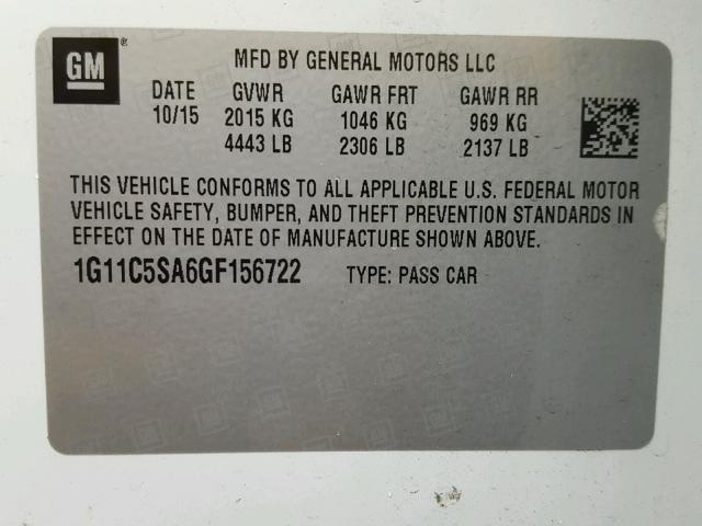 1G11C5SA6GF156722 - 2016 CHEVROLET MALIBU LIM თეთრი ფოტო 10