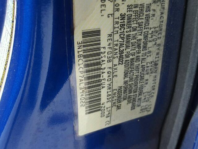 3N1BC1CP7AL394022 - 2010 NISSAN VERSA S BLUE photo 10