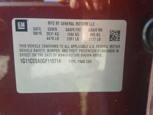 1G11C5SA0GF115714 - 2016 CHEVROLET MALIBU LIM 栗色 照片 10