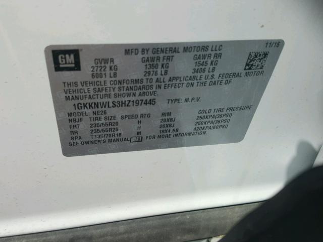 1GKKNWLS3HZ197445 - 2017 GMC ACADIA SLT თეთრი ფოტო 10