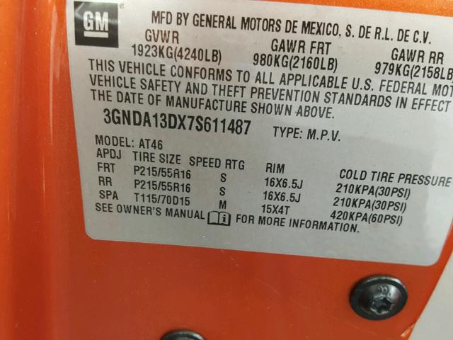 3GNDA13DX7S611487 - 2007 CHEVROLET HHR LS ORANGE photo 10